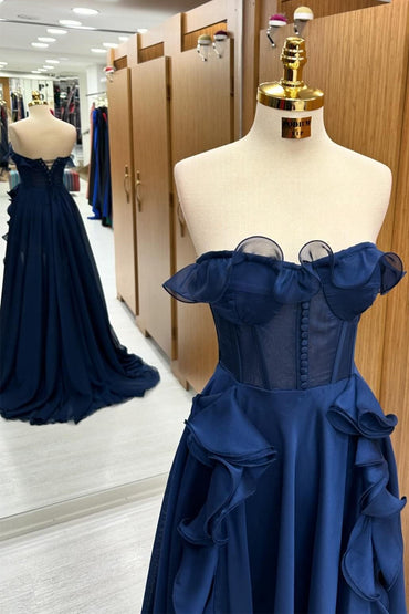 Robe longue à volants et corset bleu marine