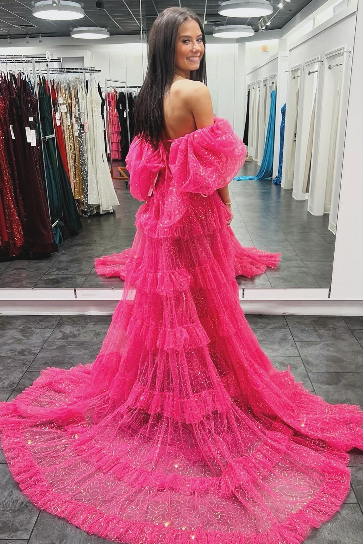 Roycebridal Two-Piece Puff Sleeve Ruffle Glitter Tulle Prom Dress with Slit