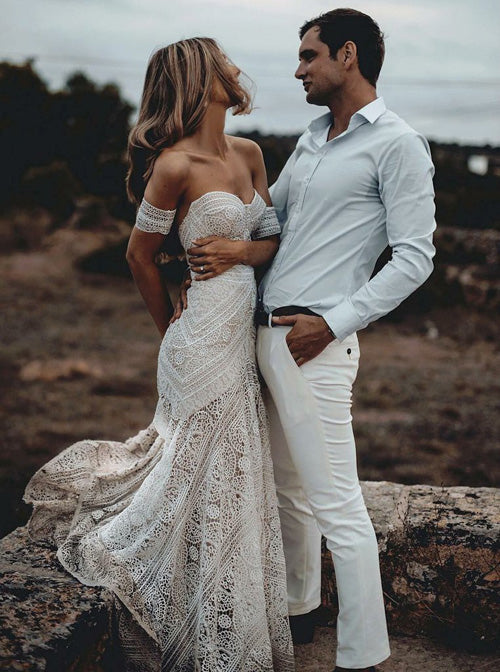 Sweetheart Neck Lace Beach Ivory Rustic Boho Wedding Dresses,MW267 from www.musebridals.com