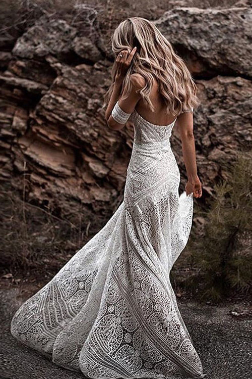 musebridals.com offer Sweetheart Neck Lace Beach Ivory Rustic Boho Wedding Dresses,MW267 at good price