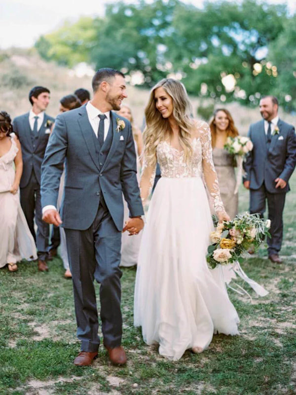 www.simidress.com | See Through Beaded Floral Lace Long Sleeve Boho Wedding Dresses,MW269 -2