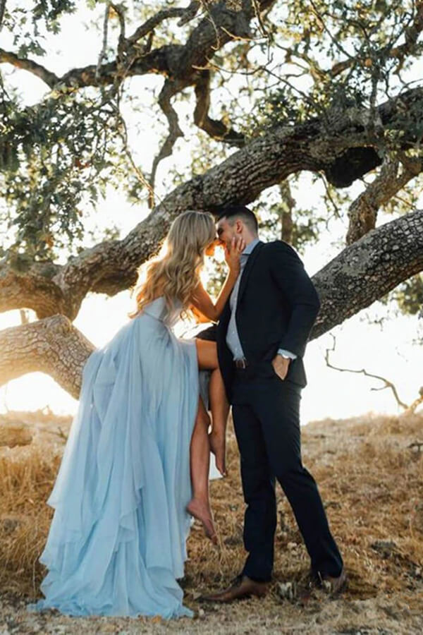 Sky Blue Thigh Split Beach Wedding Gown with Court Train, MW281 | Musebridals