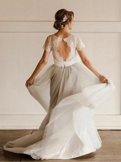 Robe de mariée champêtre argentée à manches courtes en dentelle et tulle avec ceinture, Roycebridal, MW308