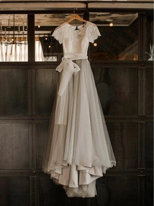 Robe de mariée champêtre argentée à manches courtes en dentelle et tulle avec ceinture, Roycebridal, MW308