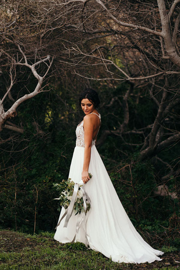 Robe de mariée Roycebridal à bretelles spaghetti et perles, en mousseline ivoire, style rustique, MW328