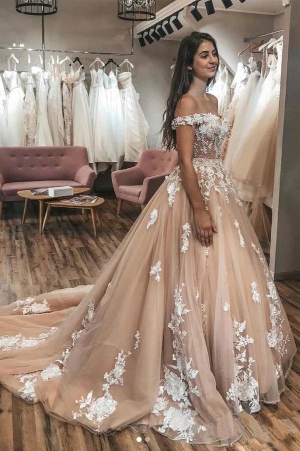 Lace Appliqued Ivory Off The Shoulder Court Train Wedding Gowns,MW362
