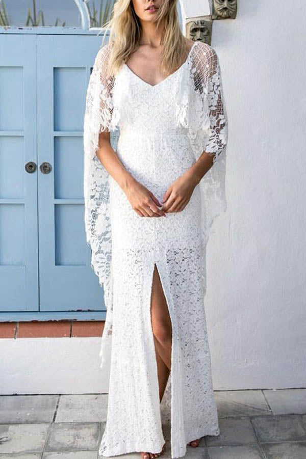 Batwing Sleeve Lace Rustic Wedding Dresses Ivory Sheath Boho Wedding Dresses,MW407 | wedding dresses online | beach wedding dresses | short sleeves wedding dresses | lace wedding dresses | musebridals.com