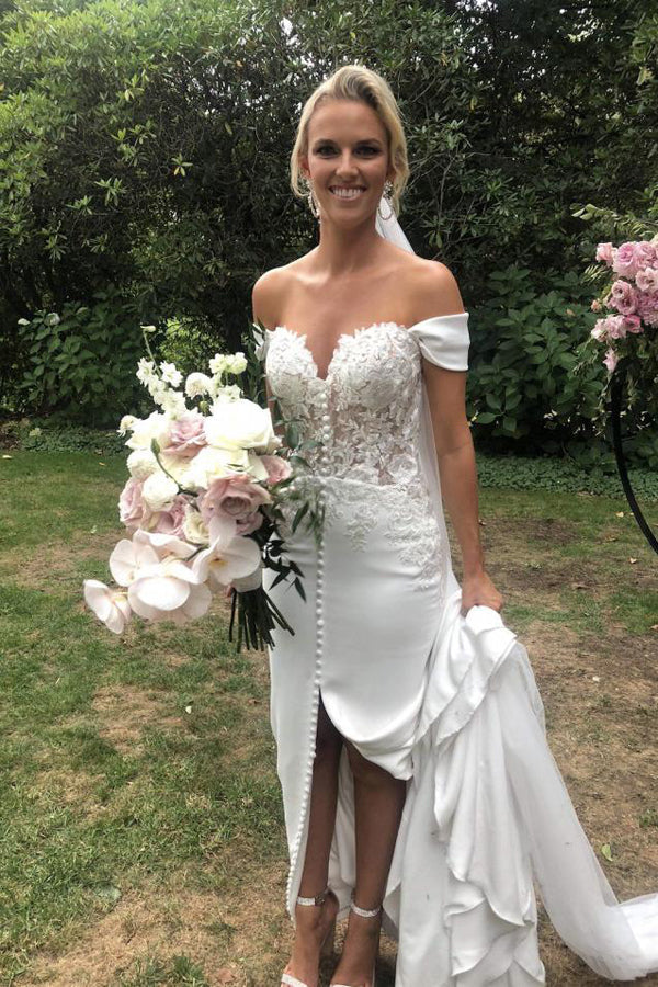 Robe de mariée sirène en mousseline de soie à épaules dénudées et décolleté en cœur avec fente, MW436