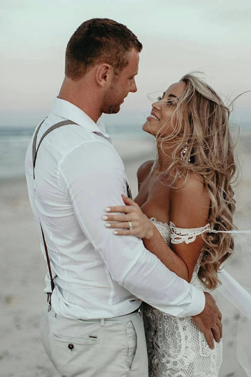 Robe de mariée fourreau en dentelle avec traîne et appliques en cœur, style plage, Roycebridal, MW438