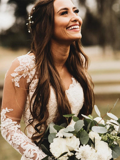 Roycebridal Elegantes Meerjungfrau-Brautkleid mit langen Ärmeln und V-Ausschnitt, Spitze, MW467