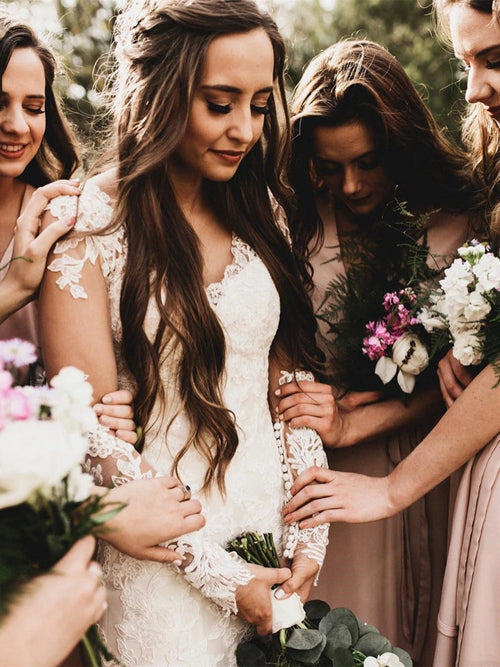 Roycebridal Elegantes Meerjungfrau-Brautkleid mit langen Ärmeln und V-Ausschnitt, Spitze, MW467