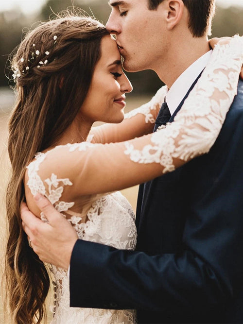Roycebridal Elegantes Meerjungfrau-Brautkleid mit langen Ärmeln und V-Ausschnitt, Spitze, MW467