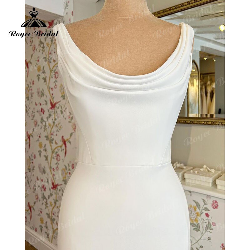 Roycebridal Mermaid/Trumpet Boho Sleeveless Wedding Dress Scoop Neck Beach Sweep Beach Off White Soft Satin vestido de boda corte sirena