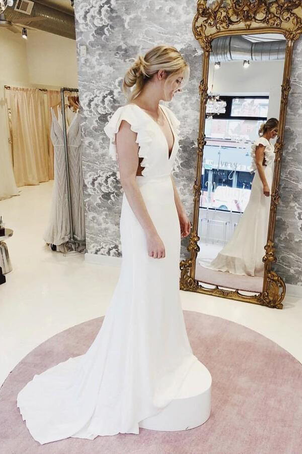 Mermaid Cap Sleeves V-neck Wedding Dresses with Ruffles, Bridal Gown, MW614 | ivory mermaid wedding dresses | cheap wedding dresses near me | bridal dresses | www.musebridals.com