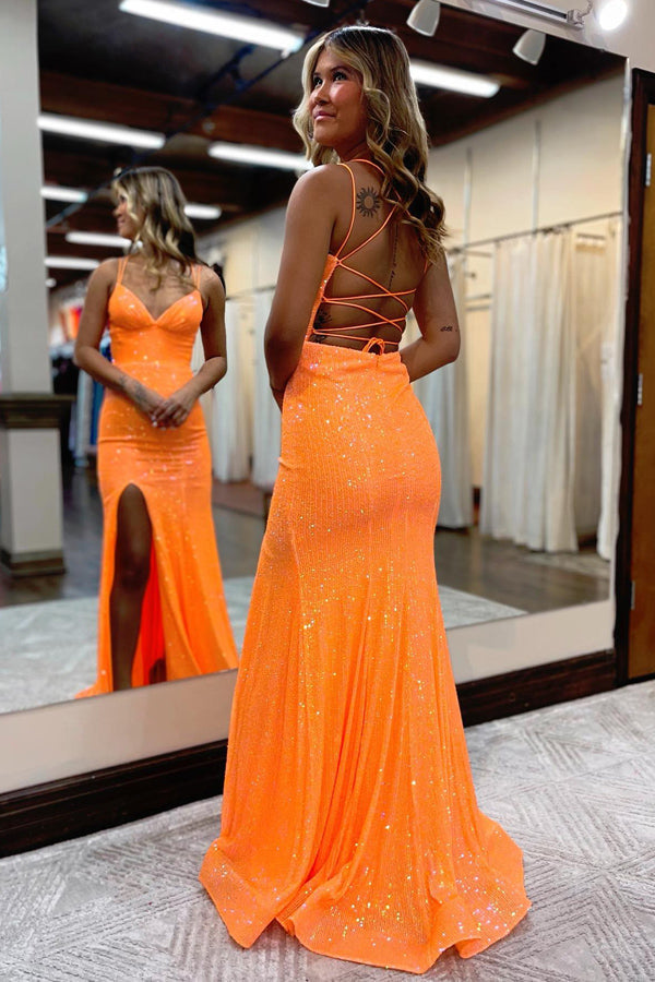 Roycebridal – Langes Ballkleid im Meerjungfrauen-Stil mit glitzernden orangefarbenen Pailletten