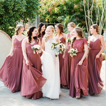 Robes de demoiselle d'honneur trapèze en mousseline de soie dépareillées, couleur rose du désert, automne