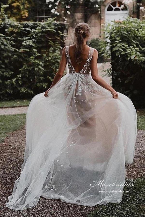Modest Tulle A-line V-neck Beach Wedding Dresses With Lace Appliques, MW943 | outdoor wedding dresses | affordable wedding dresses online | wedding dresses near me | musebridals.com