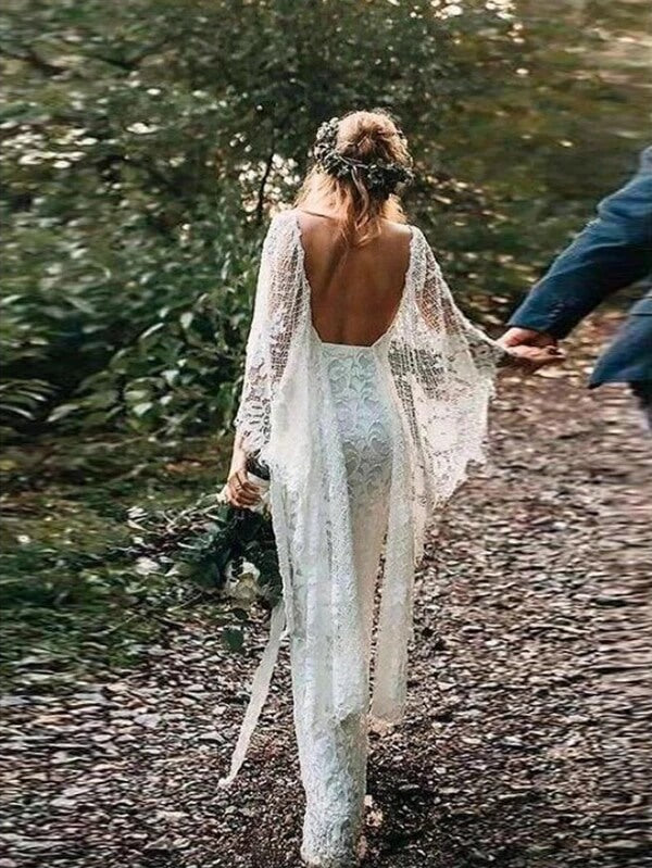 Batwing Sleeve Lace Rustic Wedding Dresses Ivory Sheath Boho Wedding Dresses,MW407 | cheap wedding dresses | lace wedding dresses | boho wedding dresses | wedding gowns | bridal dresses | musebridals.com