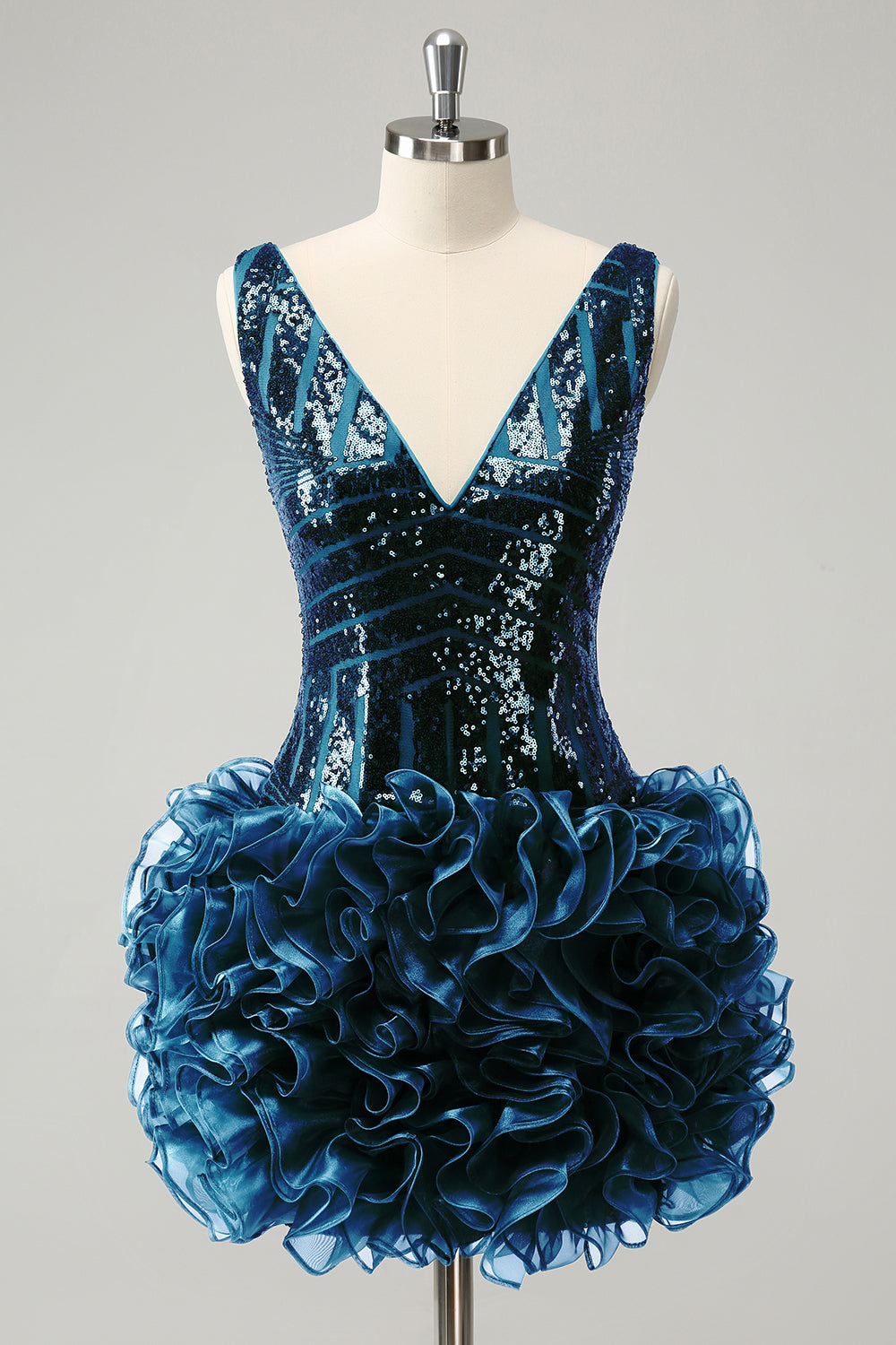 Stilvolles dunkelgrünes, figurbetontes, kurzes Homecoming-Kleid mit Pailletten und V-Ausschnitt und abnehmbarem Rock