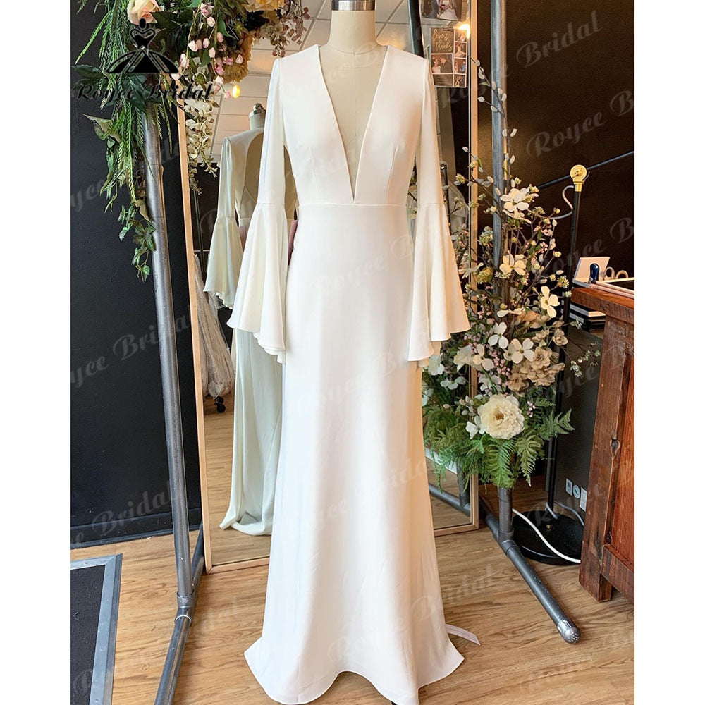 Robe de mariée en satin doux, décolleté plongeant, manches longues, décolleté en V profond, dos nu, pour femmes, robe de réception de mariage, 2025