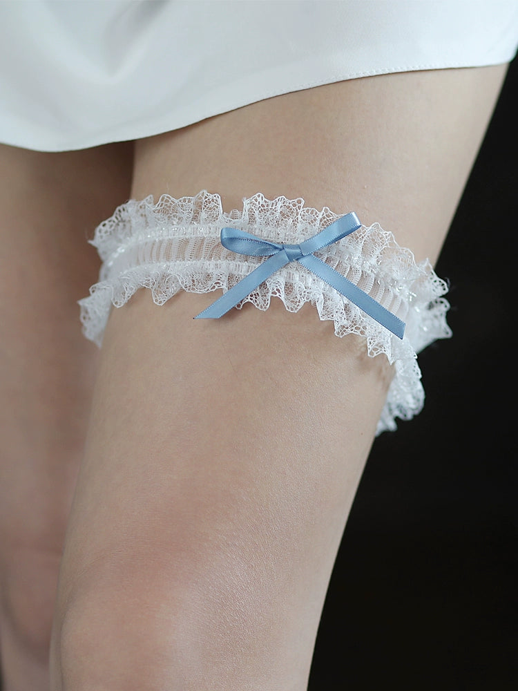 Roycebrial Hochzeitsstrumpfband, weiße Spitze, Brautstrumpfband mit blauer Schleife