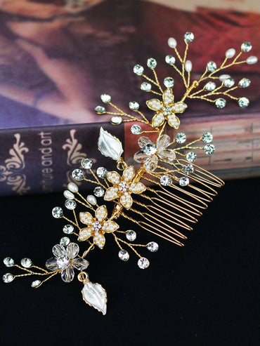 Roycebridal Diamant- und Perlen-Brauthaar-Accessoires Goldene Blumenkämme Brautkleid-Styling und Make-up-Kopfschmuck