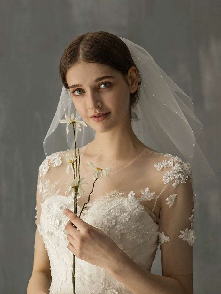 Roycebrial – Voile de mariée rétro français avec perles blanches, accessoire photo court pour mariage, coiffure de mariée