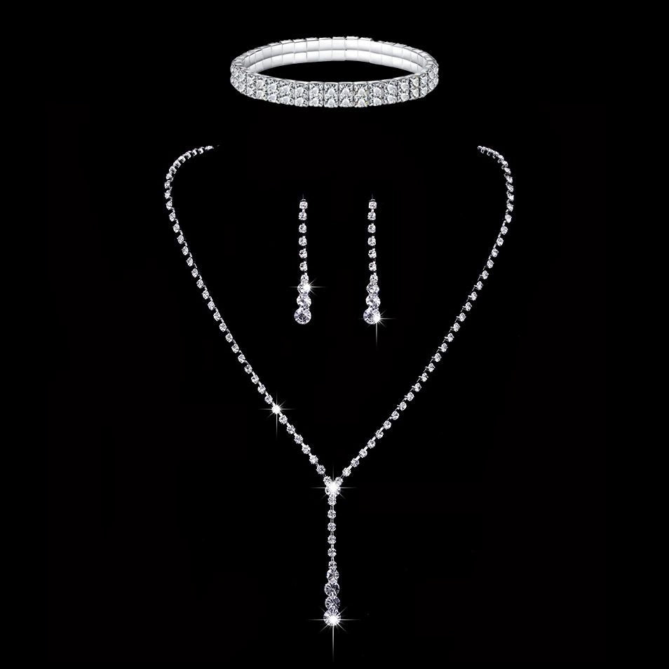 Roycebridal Einfache Quaste Strass Halskette Braut Strass Halskette Ohrringe Set Dreiteiliger Hochzeitsschmuck