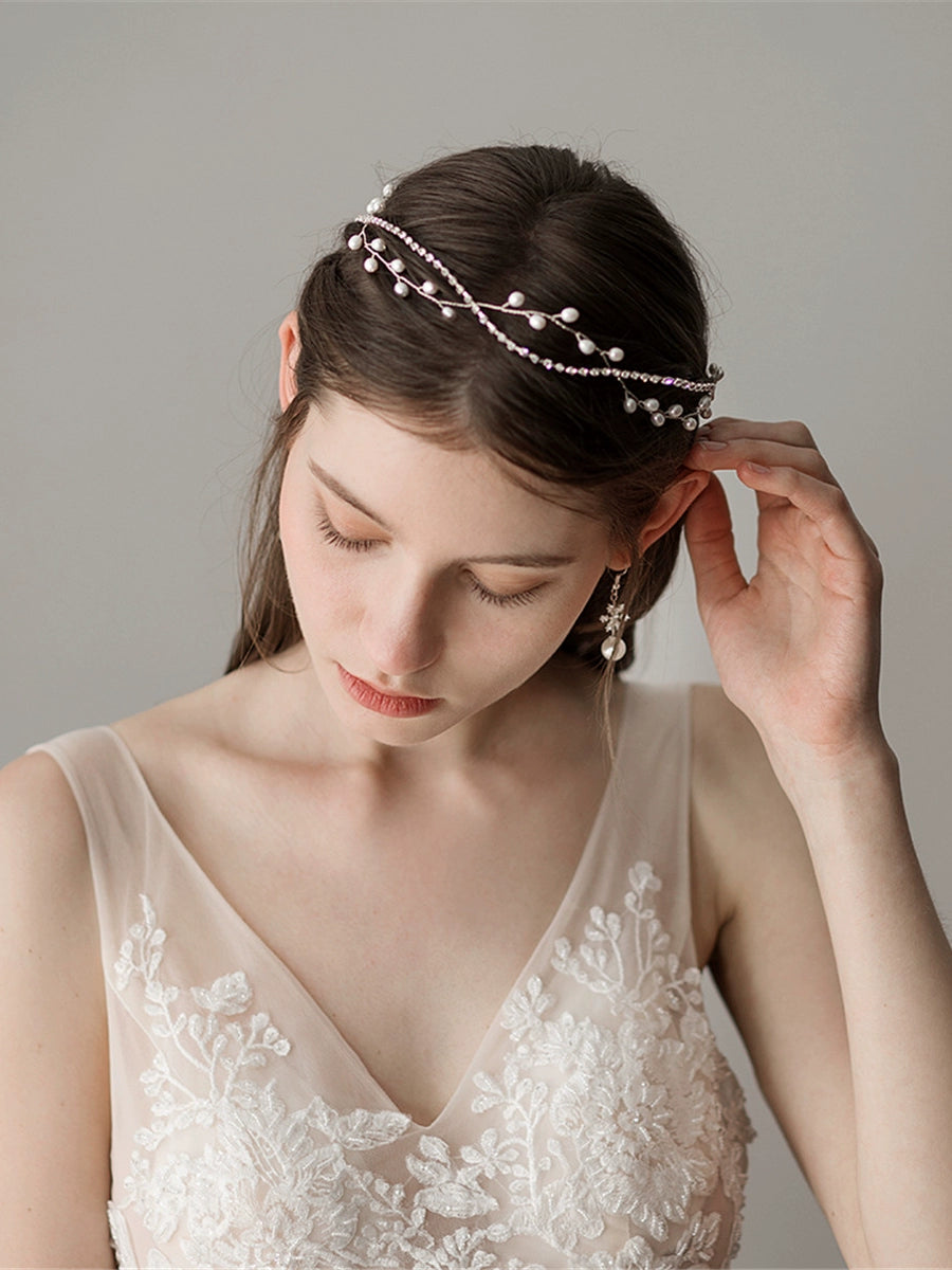 Roycebridal Braut-Kopfschmuck im Waldstil mit Super-Feenperlen, schlichtes, handgefertigtes Stirnband mit Perlen im Abendshow-Make-up-Stil für Brautjungfern
