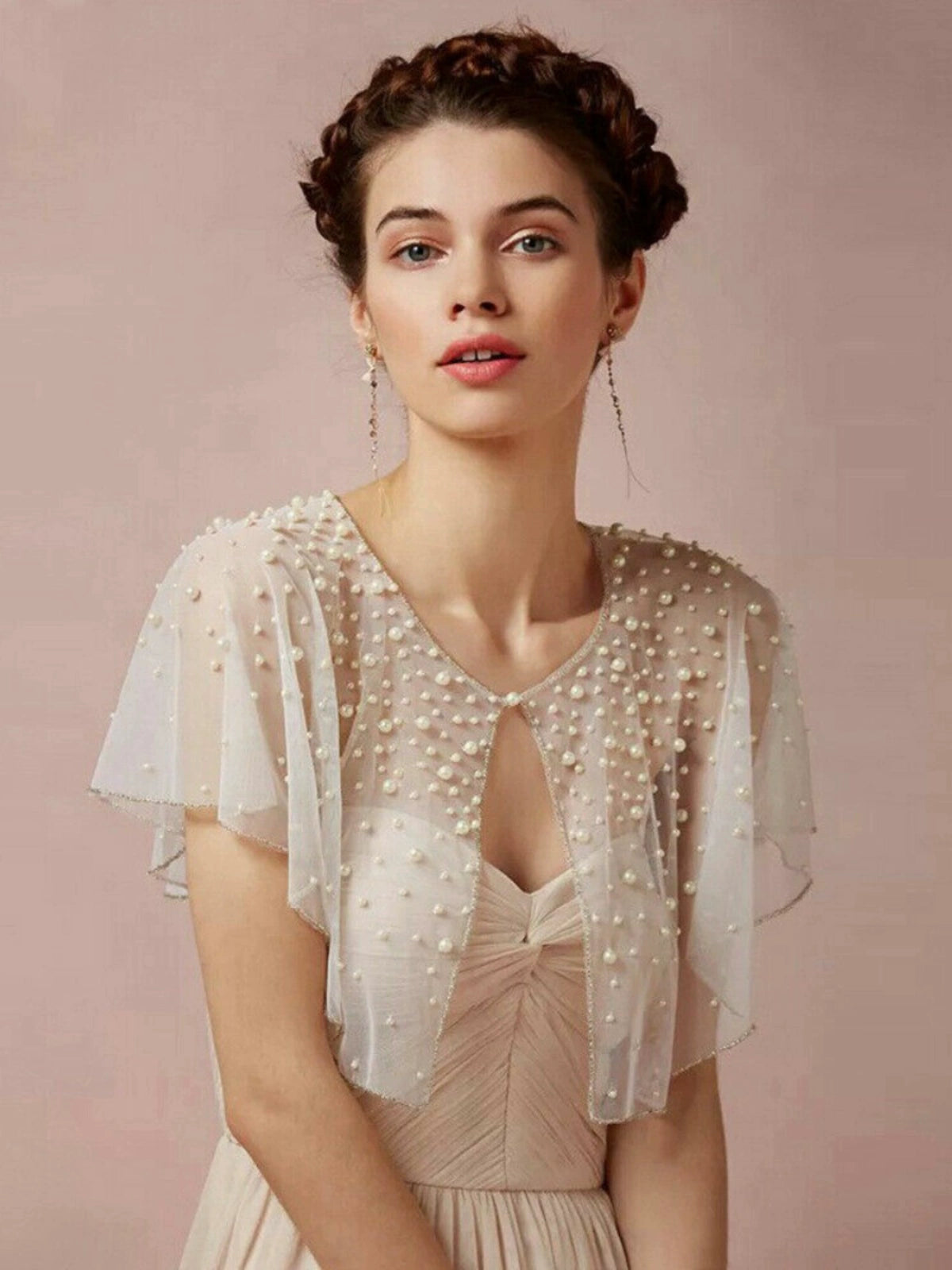 Roycebridal Vestes et châles d'été pour femmes, châle court en maille perlée, un bouton, col rond, sans manches, élégant