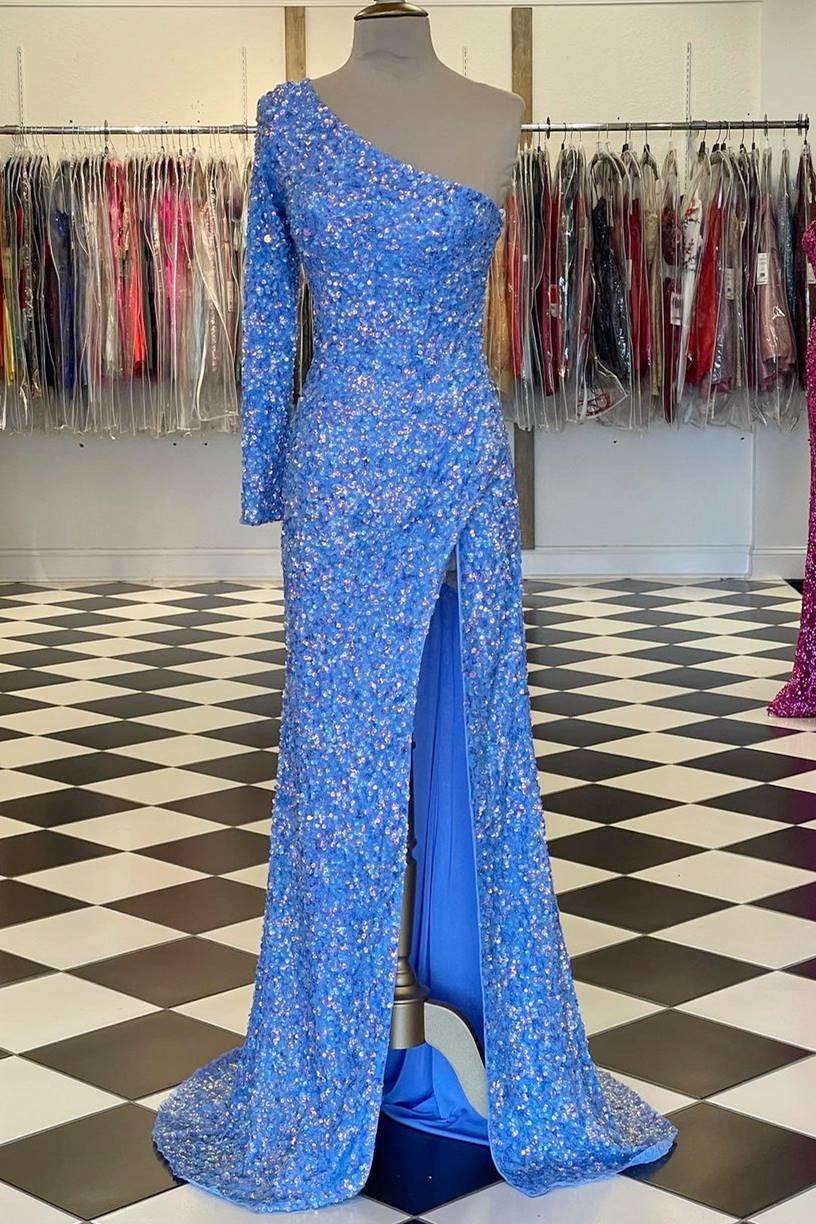 Langes Abendkleid mit One-Shoulder-Träger und langen Ärmeln in Tiffany-Blau mit Pailletten