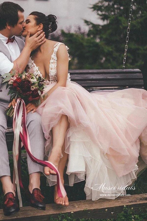 Pink Tulle A-line Backless Wedding Dress With Lace Appliques, Bridal Gown, MW944 | outdoor wedding dress | affordable wedding dresses | summer wedding dress | musebridals.com