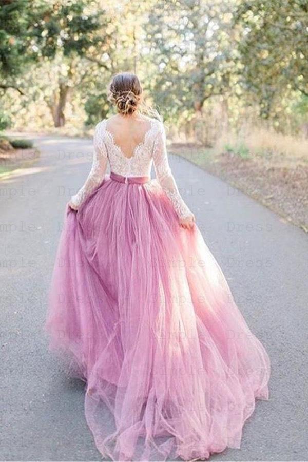 Pink Tulle A-line Long Sleeves Lace Top Vintage Wedding Dresses, MW919 | beach wedding dresses | wedding gown | wedding dresses near me | musebridals.com