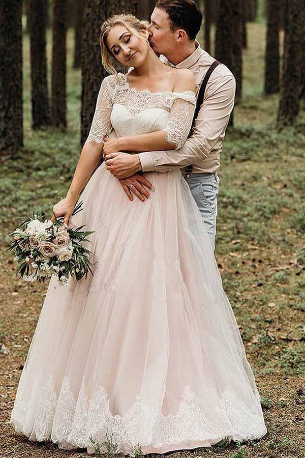 Pink Tulle Lace Backless Half Sleeves Lace Up Wedding Dresses, Bridal Gown, MW742 | long wedding dresses | outdoor wedding dresses | wedding dresses stores | www.musebridals.com