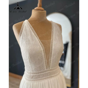 Robe de mariée bohème décolleté en V profond en mousseline de soie et dentelle pour femme, épaules dénudées, robe de plage, été, élégante, 2024
