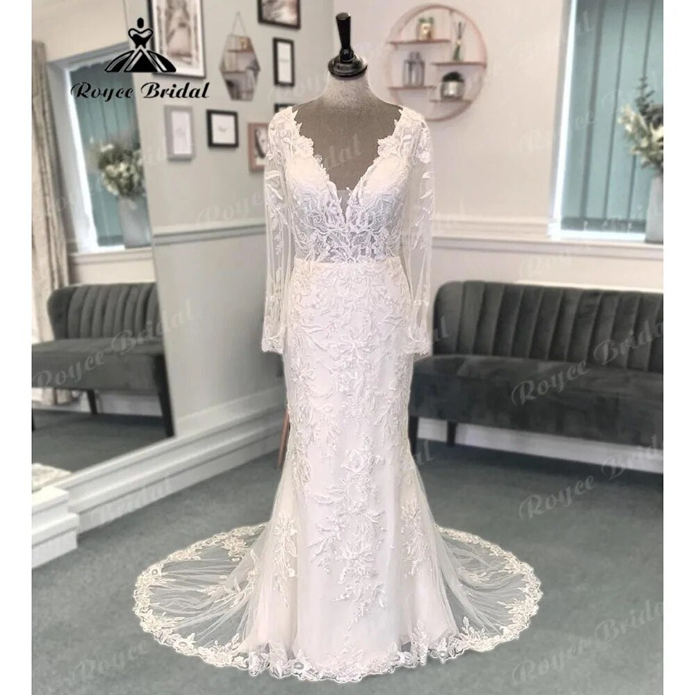 Plunging Deep V Neck Lace Appliques Long Sleeve Backless Wedding Dress for Women 2024 Bridal Gown vestido de boda corte sirena