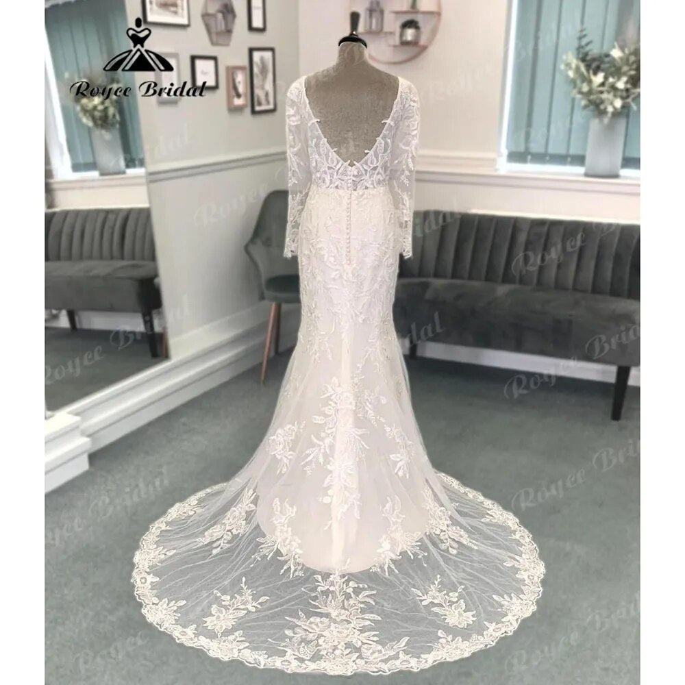 Plunging Deep V Neck Lace Appliques Long Sleeve Backless Wedding Dress for Women 2024 Bridal Gown vestido de boda corte sirena