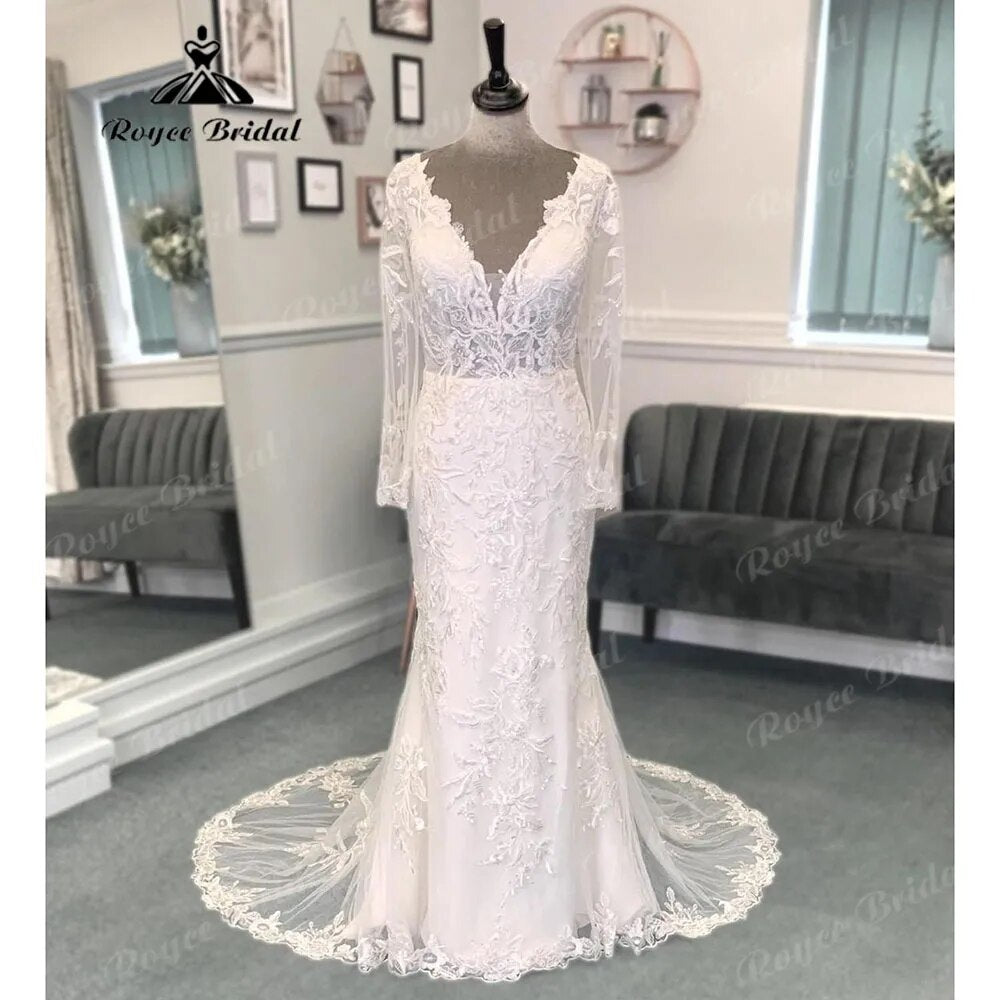 Plunging Deep V Neck Lace Appliques Long Sleeve Backless Wedding Dress for Women 2024 Bridal Gown vestido de boda corte sirena