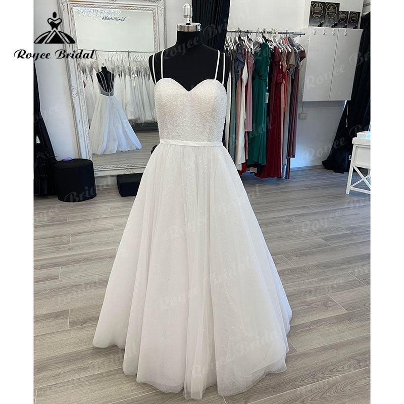 Robe de mariée princesse trapèze grande taille pour femme, sexy, style bohème, décolleté en cœur, bretelles spaghetti, dos nu, lacets, robe de mariée brillante