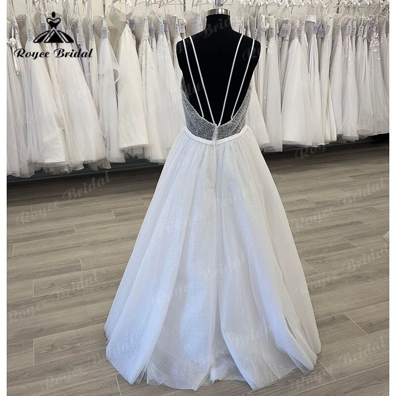 Robe de mariée princesse trapèze grande taille pour femme, sexy, style bohème, décolleté en cœur, bretelles spaghetti, dos nu, lacets, robe de mariée brillante