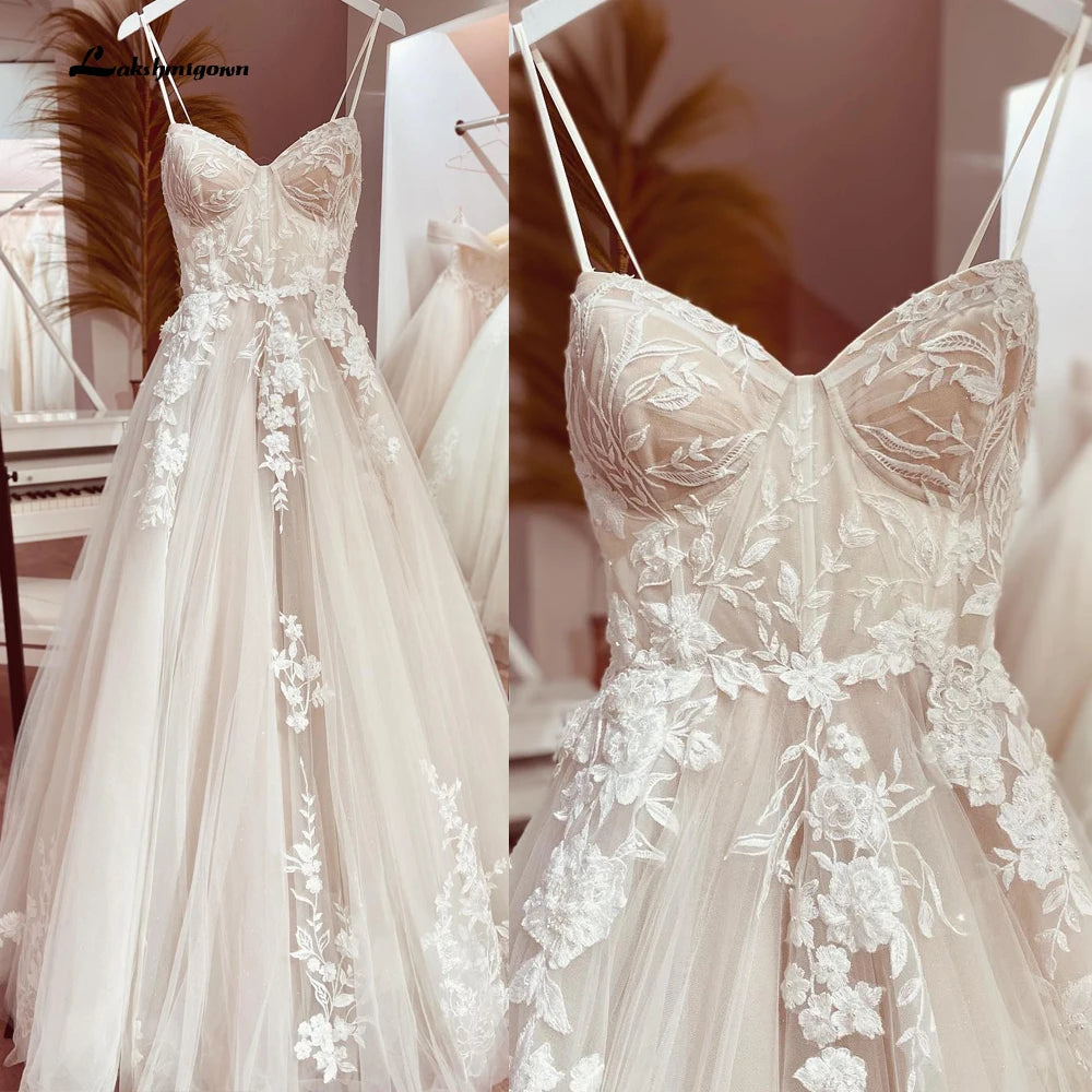 Princess Lace Wedding Dress Bridal Robe Vestido Spaghetti Straps Chapel Train Champagne Tulle Wedding Gown Lakshmigown