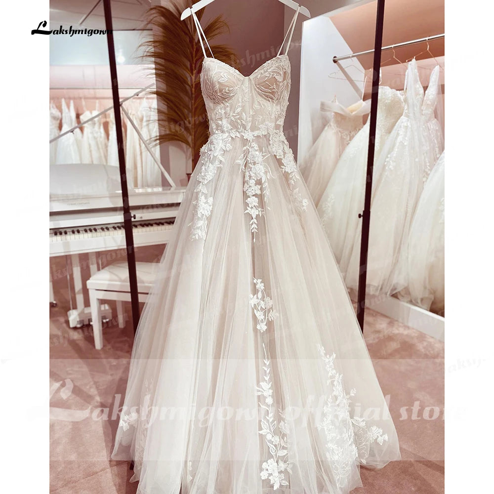 Princess Lace Wedding Dress Bridal Robe Vestido Spaghetti Straps Chapel Train Champagne Tulle Wedding Gown Lakshmigown