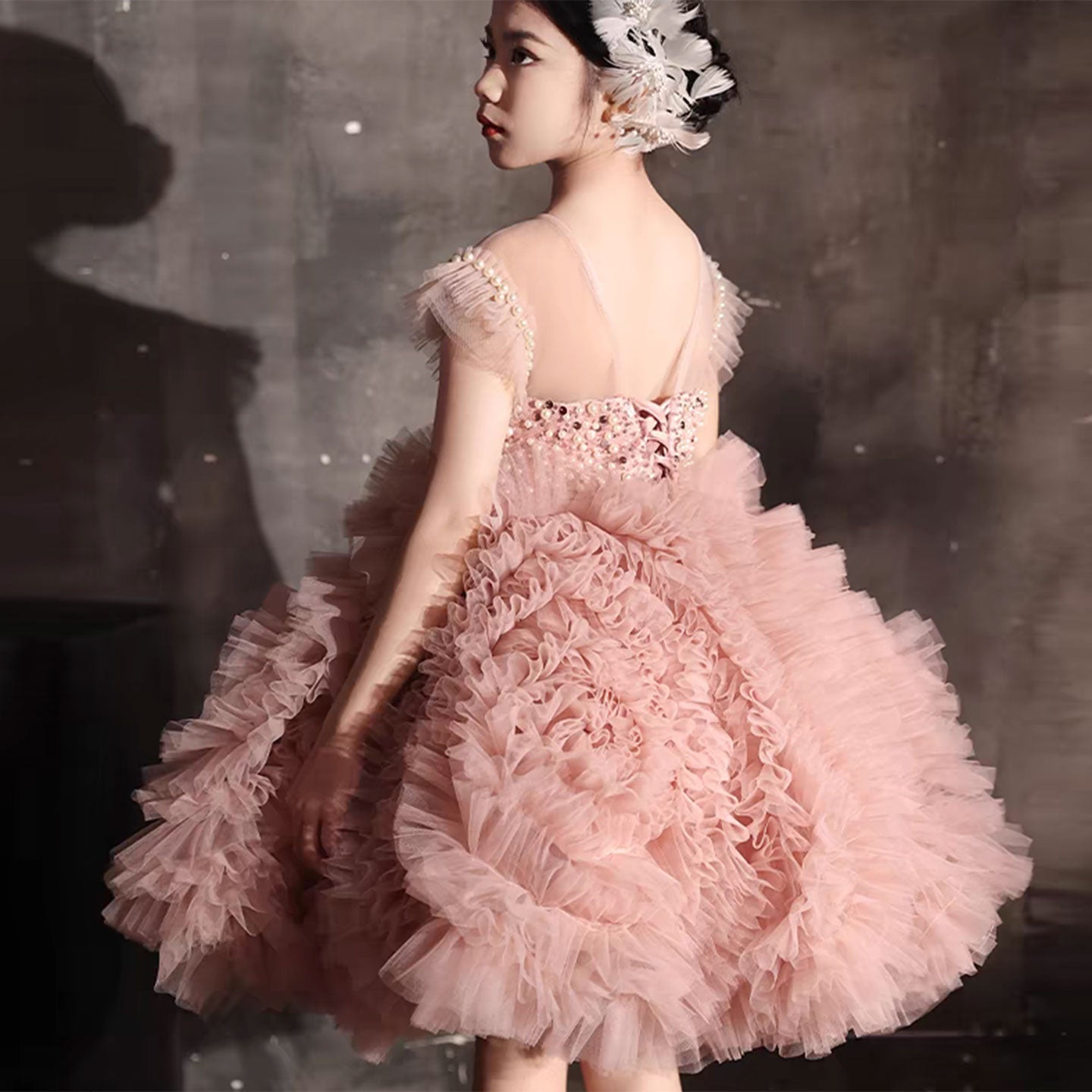 Roycebridal Luxury Pink Baby Flower Girl Dresses Arabic Pearls Princess Kids Ball Gown for Birthday Wedding Party Pageant J042