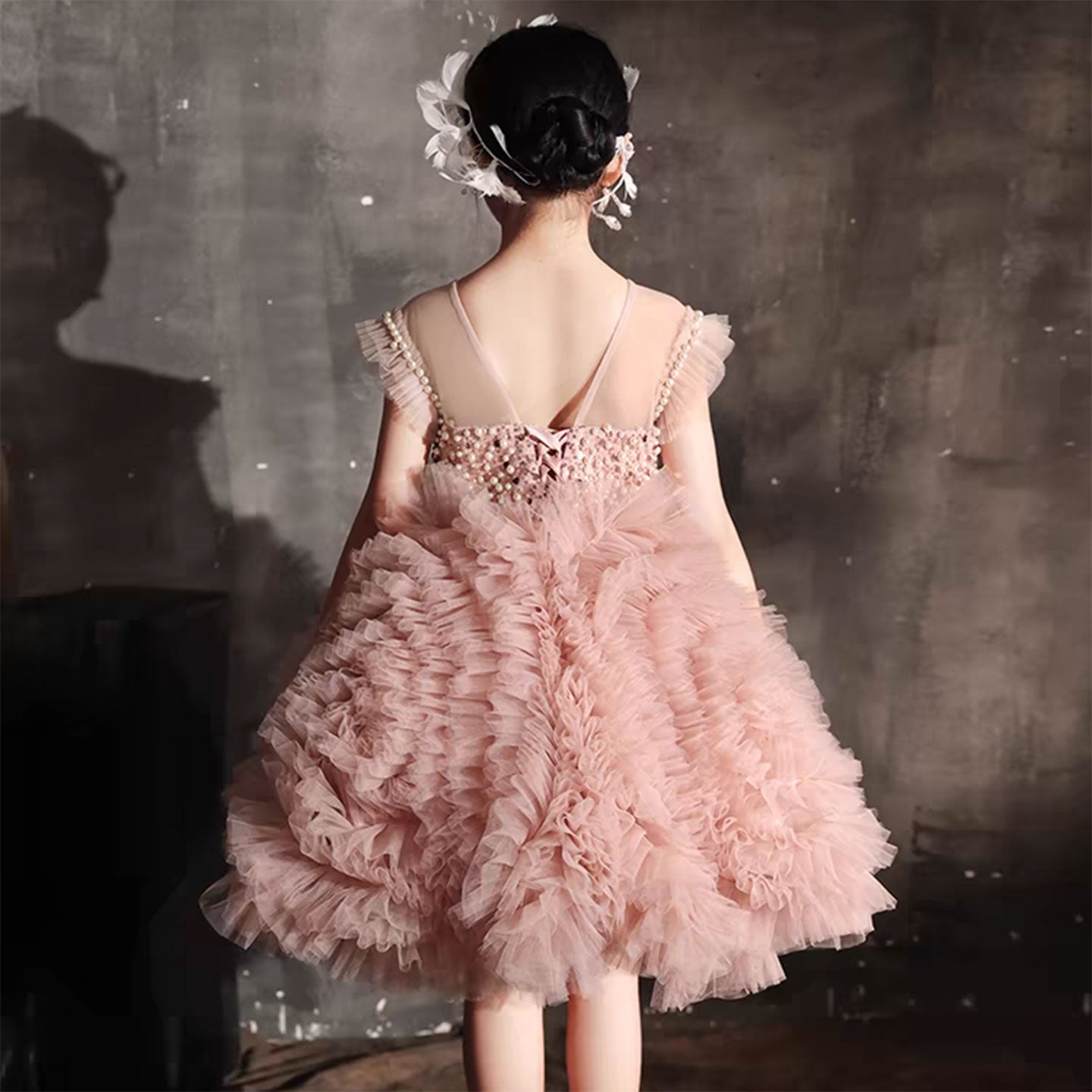 Roycebridal Luxury Pink Baby Flower Girl Dresses Arabic Pearls Princess Kids Ball Gown for Birthday Wedding Party Pageant J042