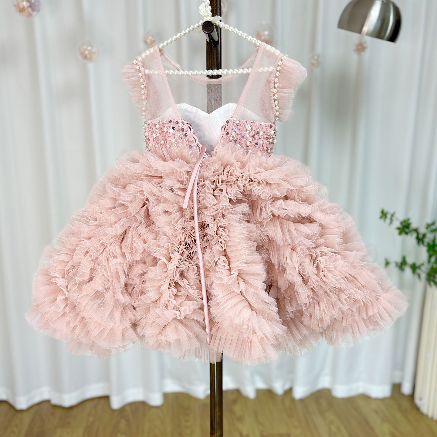 Roycebridal Luxury Pink Baby Flower Girl Dresses Arabic Pearls Princess Kids Ball Gown for Birthday Wedding Party Pageant J042
