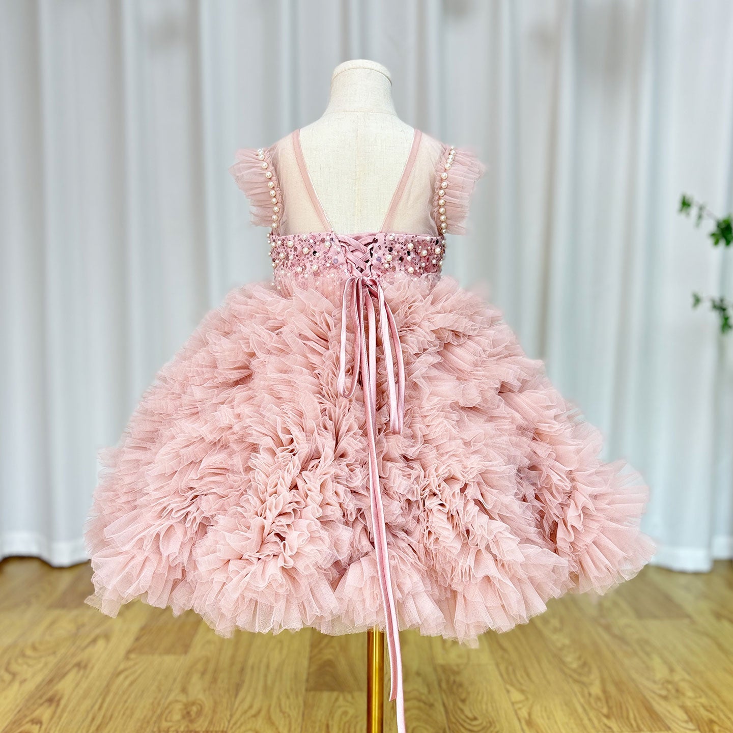 Roycebridal Luxury Pink Baby Flower Girl Dresses Arabic Pearls Princess Kids Ball Gown for Birthday Wedding Party Pageant J042