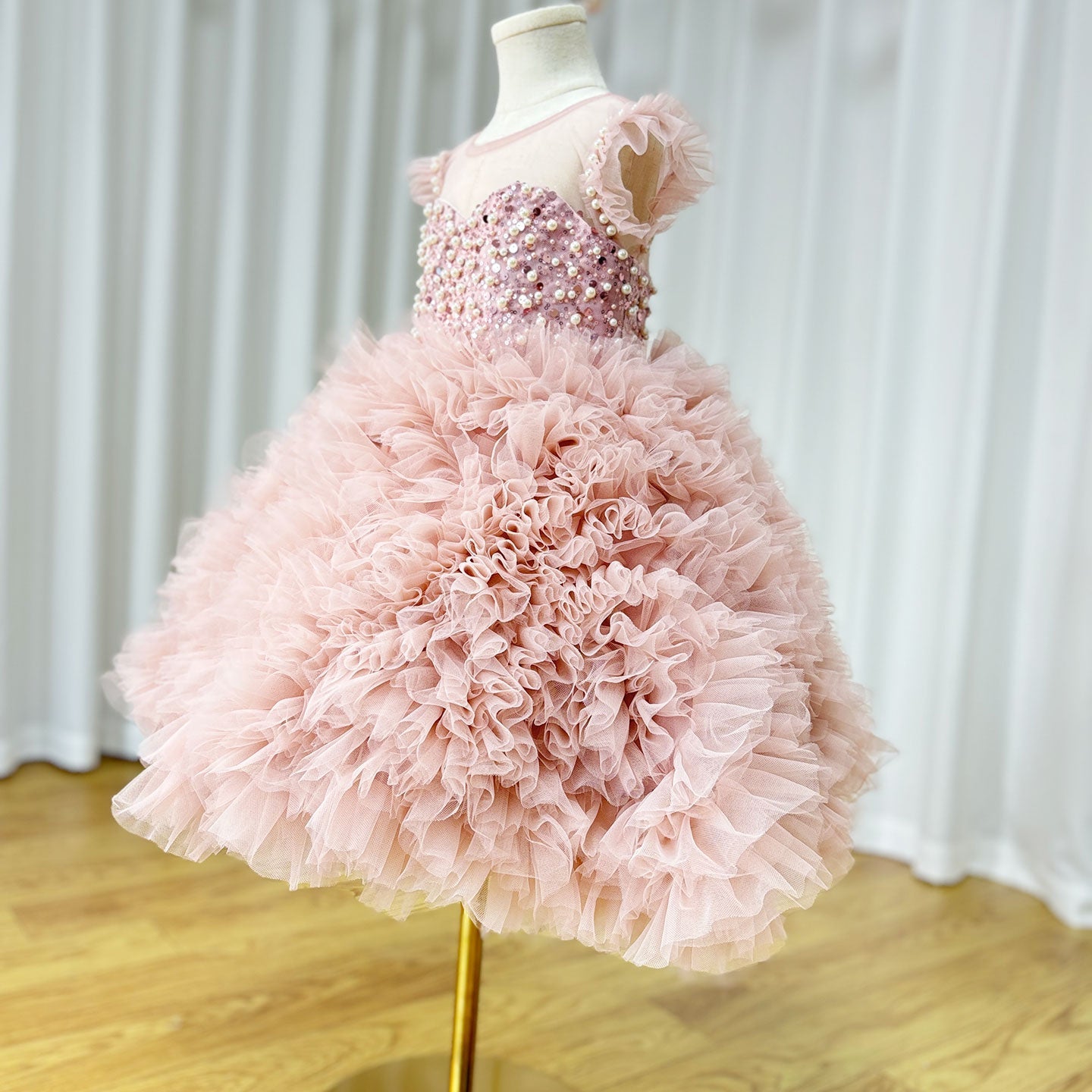 Roycebridal Luxury Pink Baby Flower Girl Dresses Arabic Pearls Princess Kids Ball Gown for Birthday Wedding Party Pageant J042