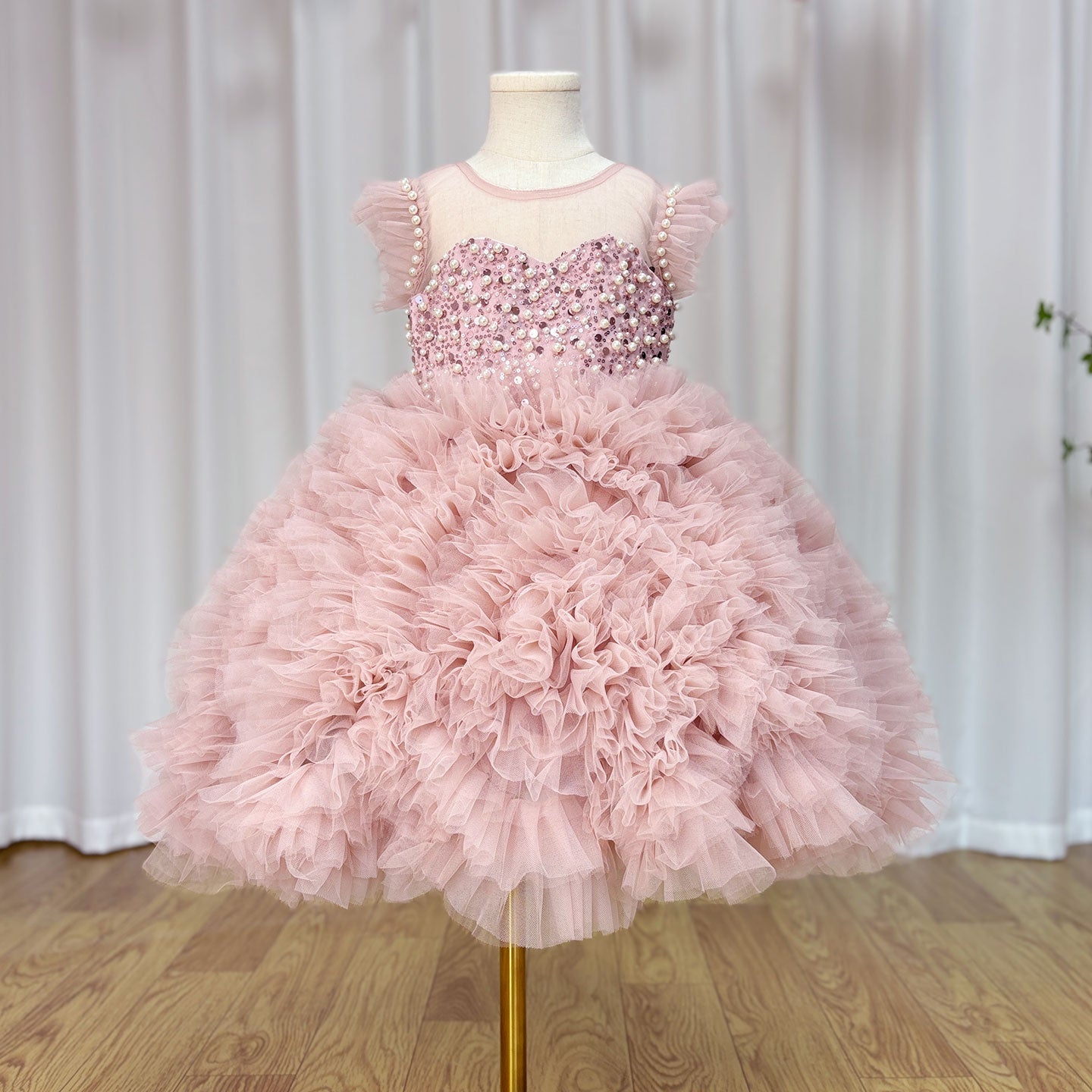 Roycebridal Luxury Pink Baby Flower Girl Dresses Arabic Pearls Princess Kids Ball Gown for Birthday Wedding Party Pageant J042