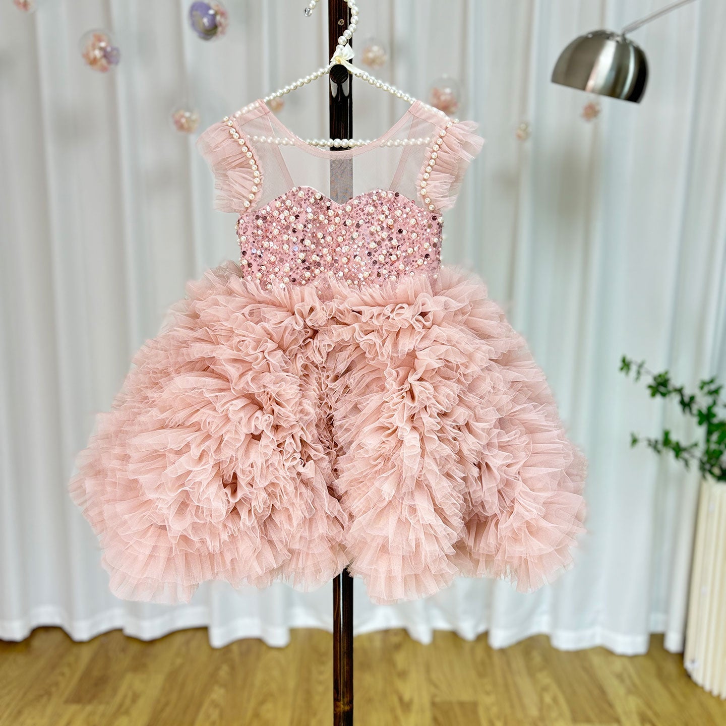 Roycebridal Luxury Pink Baby Flower Girl Dresses Arabic Pearls Princess Kids Ball Gown for Birthday Wedding Party Pageant J042