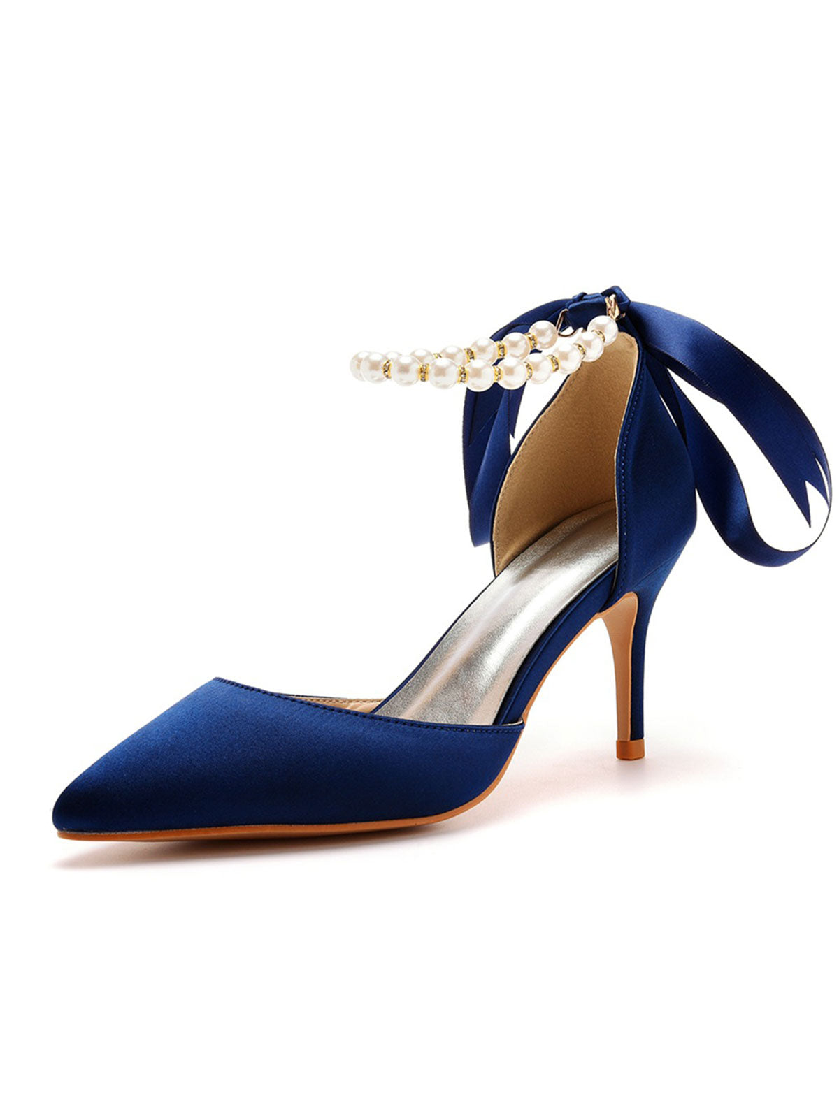 Talons hauts en satin à bout pointu et bride à la cheville avec ruban de perles